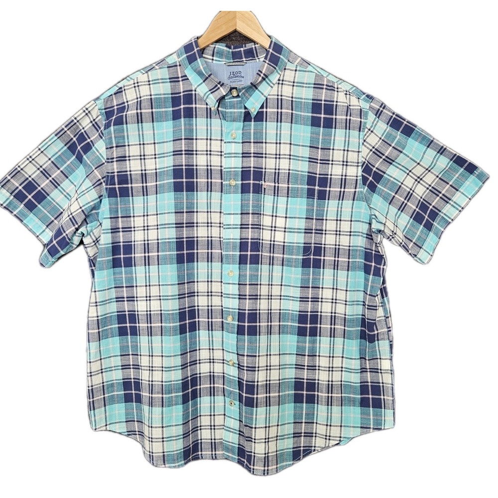 Izod Saltwater Shirt Mens Relaxed Size 2xl  Blue Plaid Short Sleeve Button Down
